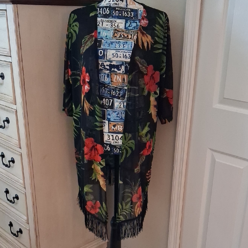 Floral Black Kimono with Fringe